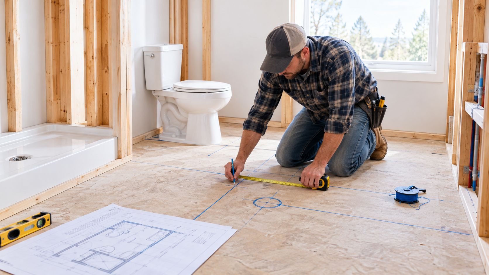 A construction worker measures and marks the bathroom floor for a drain installation during a home renovation.