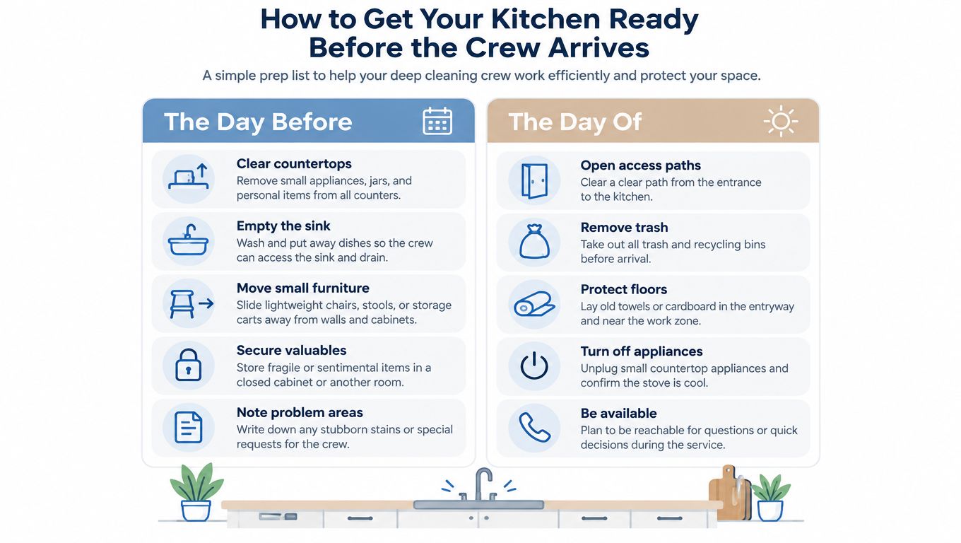 A helpful infographic guide outlining steps to prepare your kitchen for professional deep cleaning services.