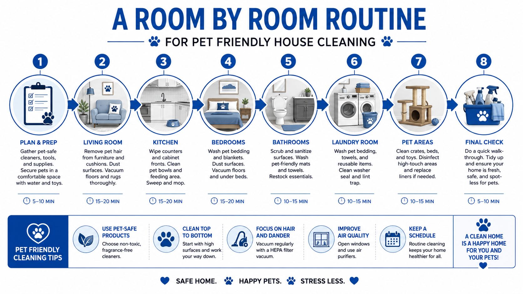An infographic showing a step-by-step eight-part guide for deep cleaning a home while ensuring it is pet-friendly.