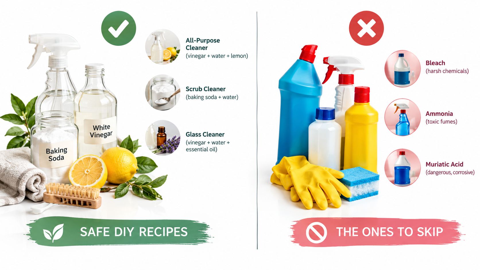 A comparison chart showing safe homemade DIY cleaning recipes versus dangerous chemical cleaning products to avoid.