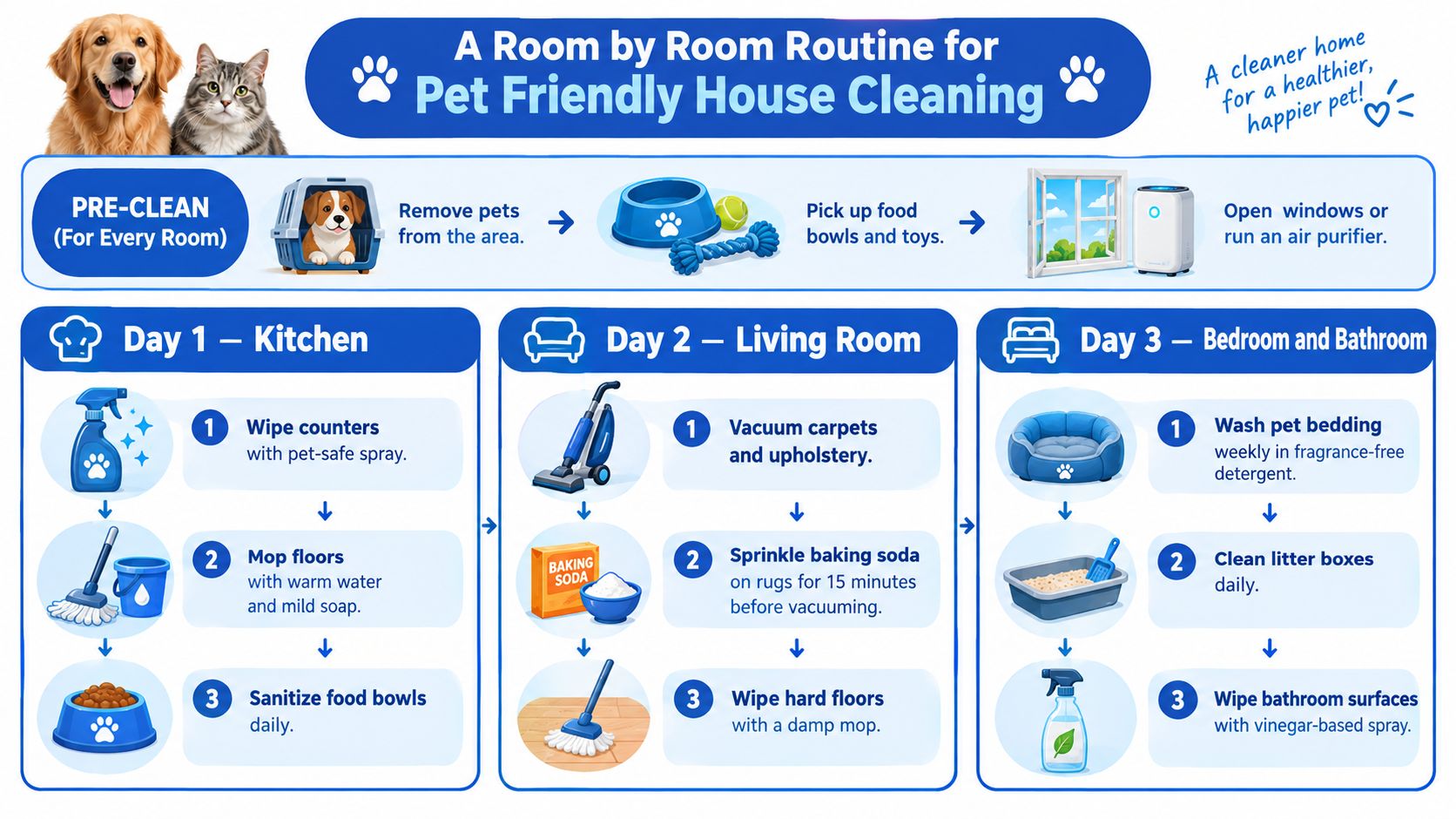 An illustrated guide detailing a pet friendly house cleaning routine organized by room and day of week.