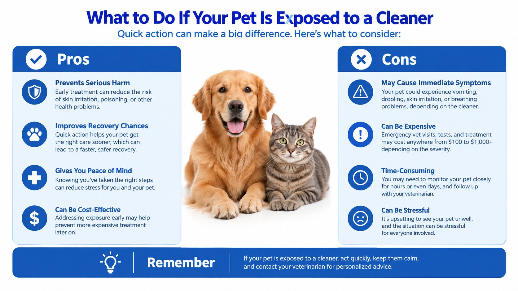 A golden retriever and tabby cat sitting next to an infographic about pet exposure to cleaning products.