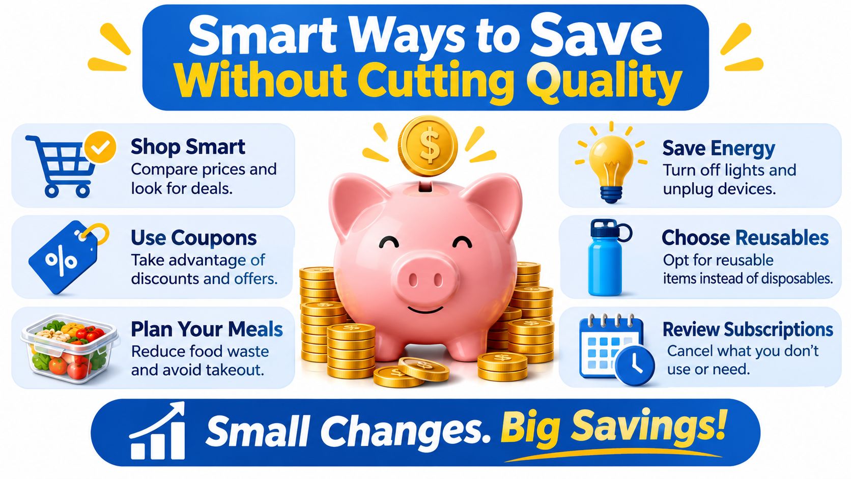 An infographic showing six smart financial tips to save money including shopping, coupons, meals, and energy.