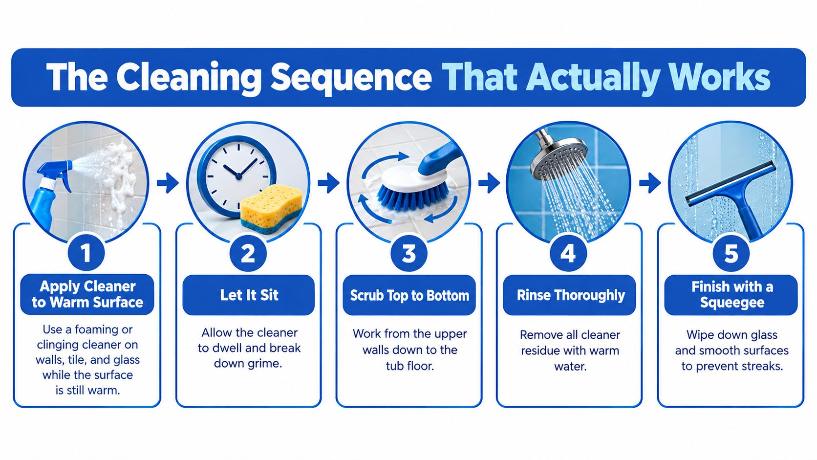 A five-step guide illustrated with icons showing the proper sequence for cleaning tubs and showers effectively.