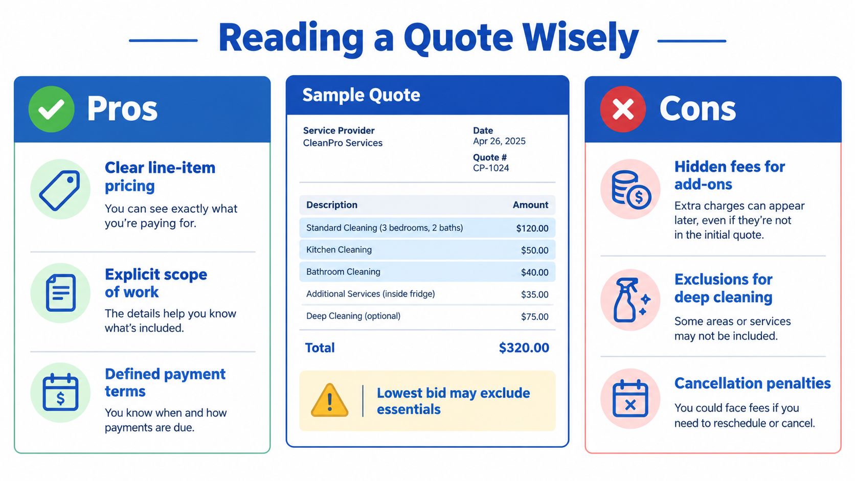 A helpful infographic comparing the pros and cons of reading house cleaning service quotes.
