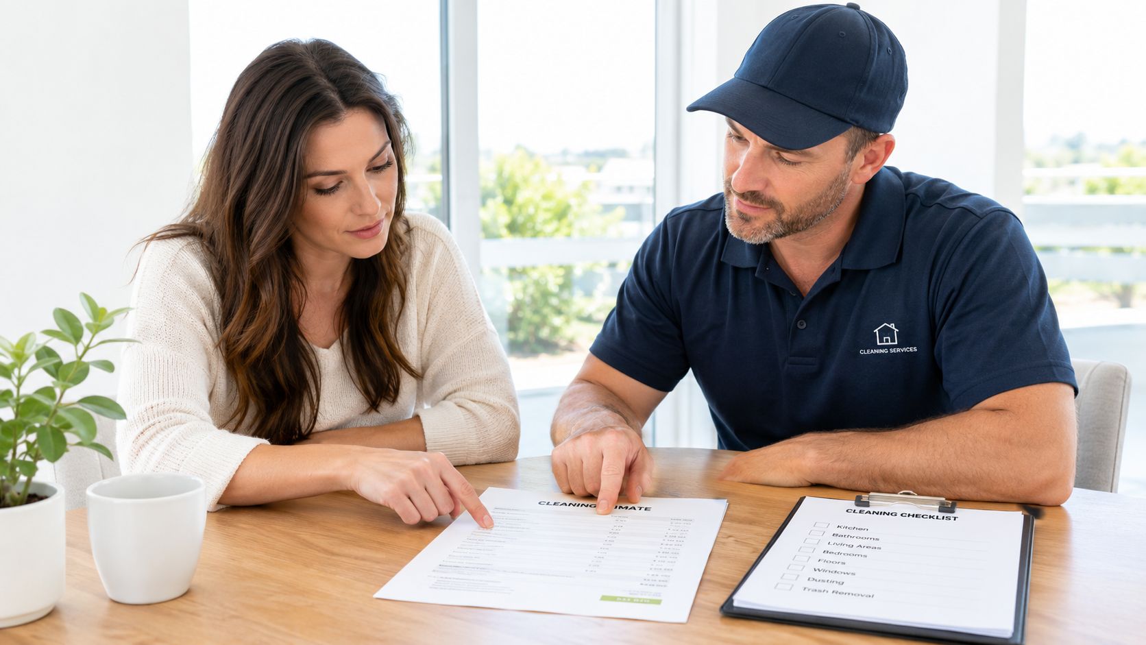 A professional cleaner explains a cleaning estimate document to a woman while sitting at a wooden table.