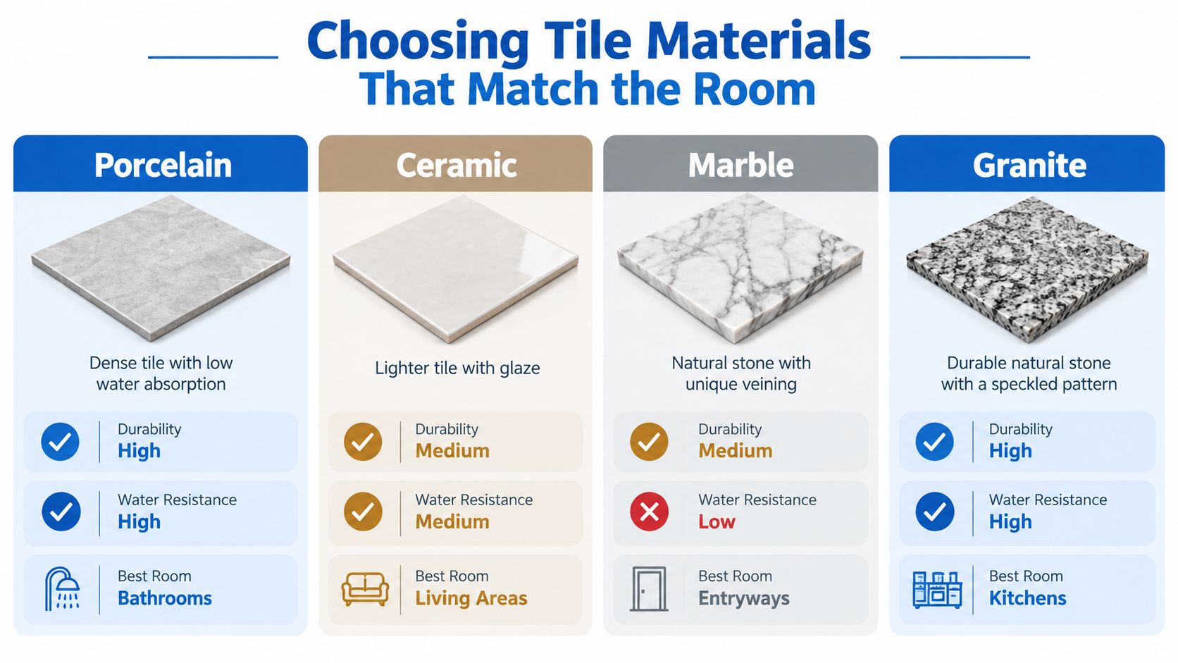 A comparison chart showing features like durability and water resistance for porcelain, ceramic, marble, and granite tile materials.