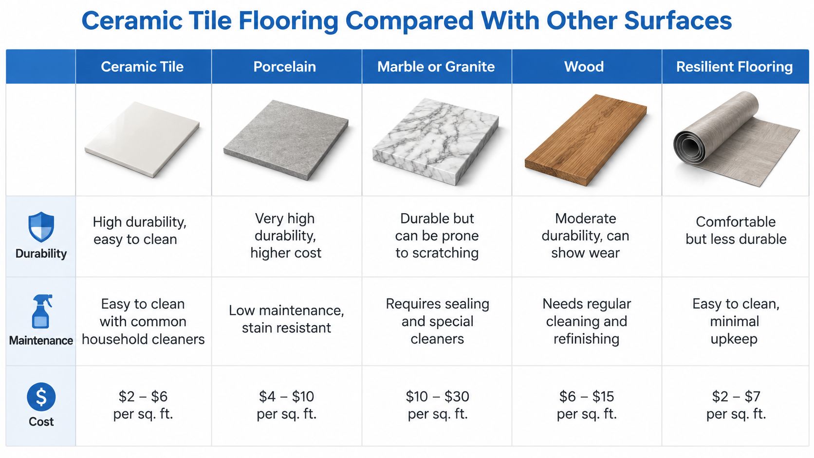 A comparison chart showing durability, maintenance, and cost for ceramic tile, porcelain, marble, granite, wood, and resilient flooring.