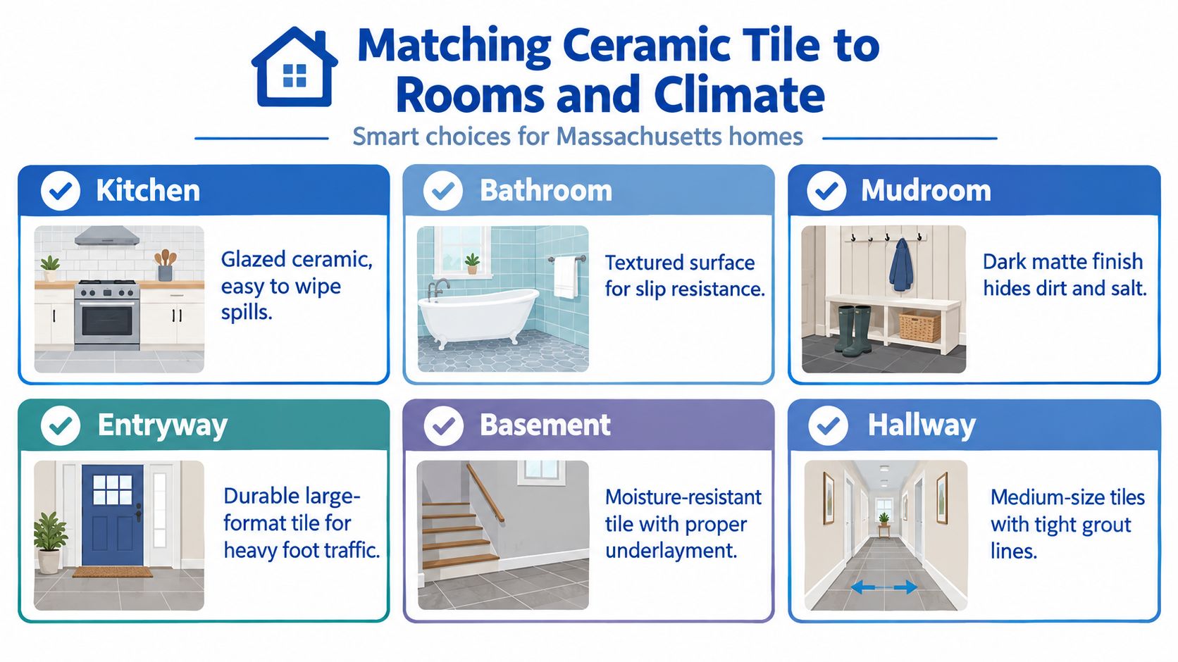 An infographic titled Matching Ceramic Tile to Rooms and Climate providing flooring recommendations for Massachusetts homes.