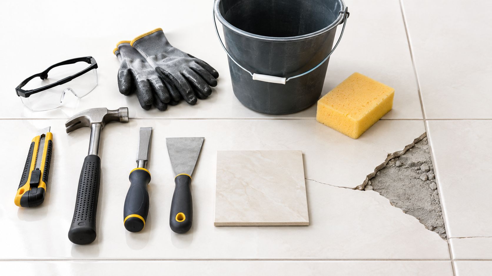 A set of home improvement tools and a new tile placed on a floor with broken tiles.