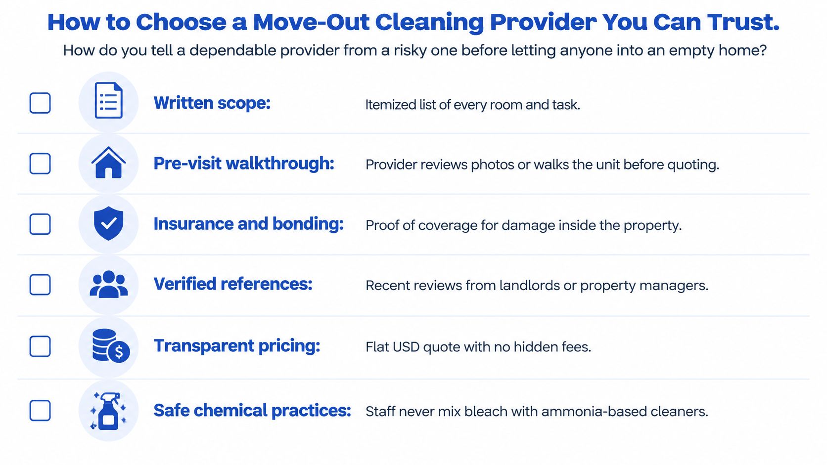 A checklist infographic titled How to Choose a Move-Out Cleaning Provider You Can Trust for reliable services.