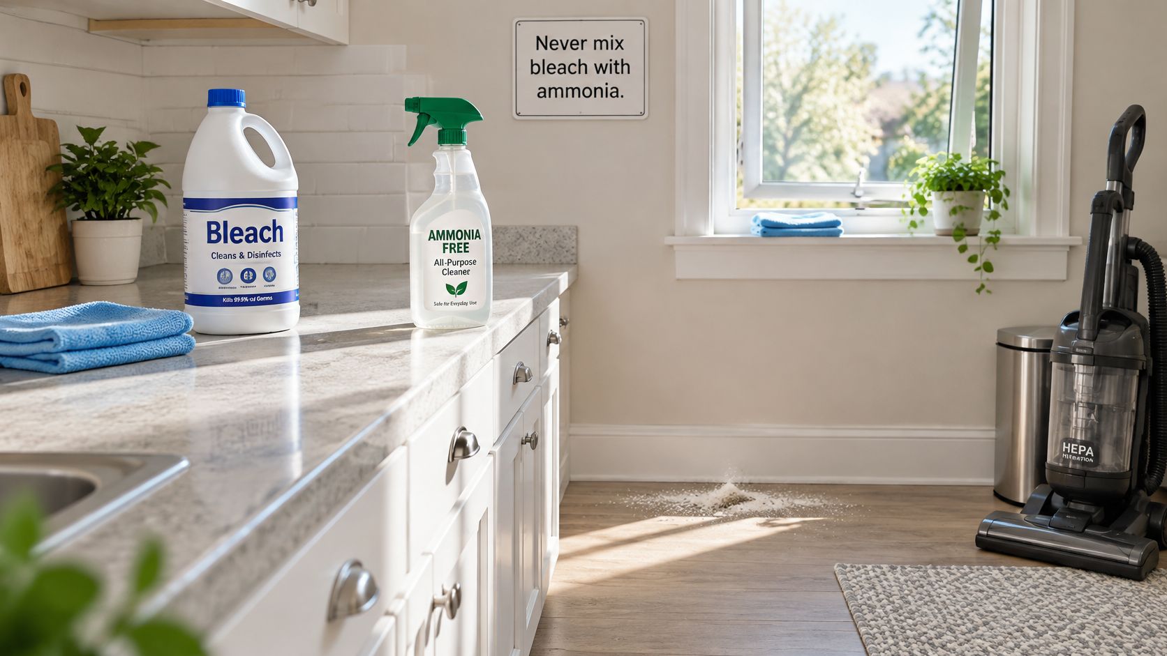 Cleaning supplies including a bleach bottle and ammonia-free cleaner sit on a kitchen counter near a vacuum.