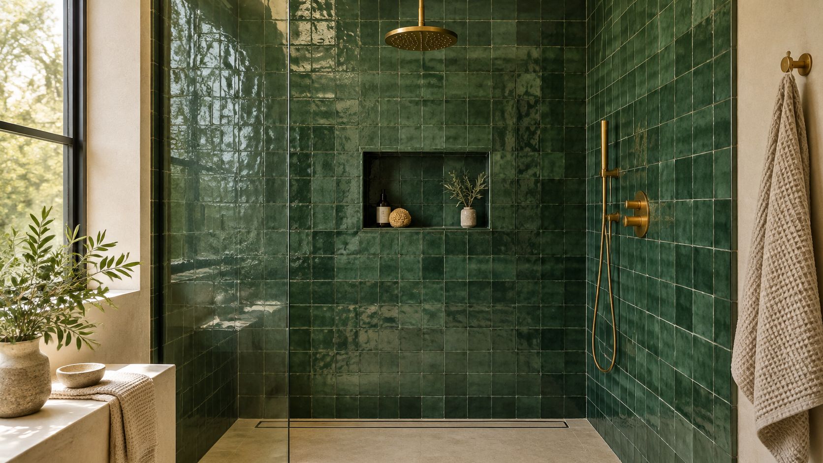 A luxurious walk-in shower with deep green glazed square wall tiles and brass shower fixtures.