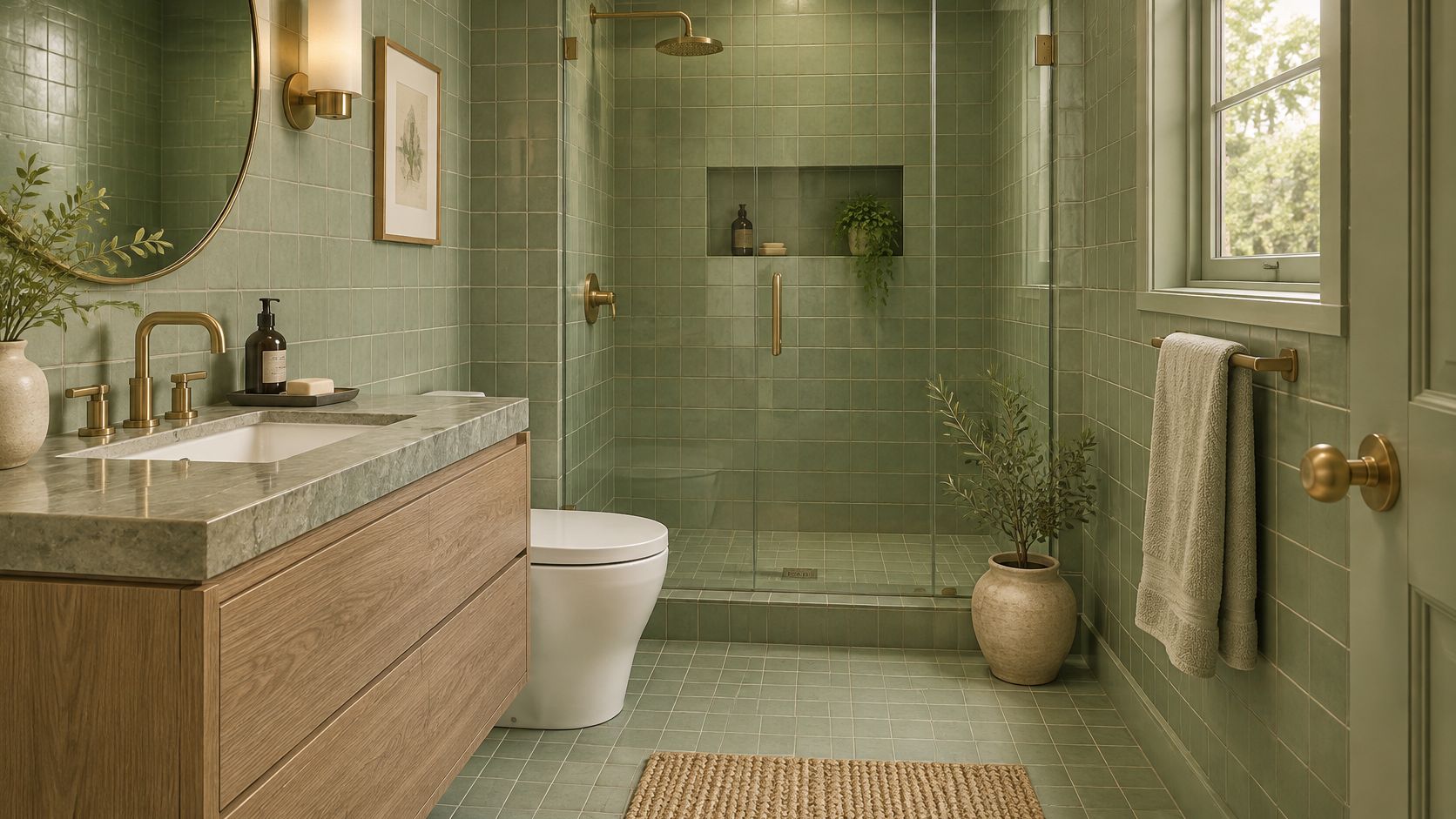 A modern bathroom featuring sage green square tiles, a wooden vanity, and gold hardware finishes.