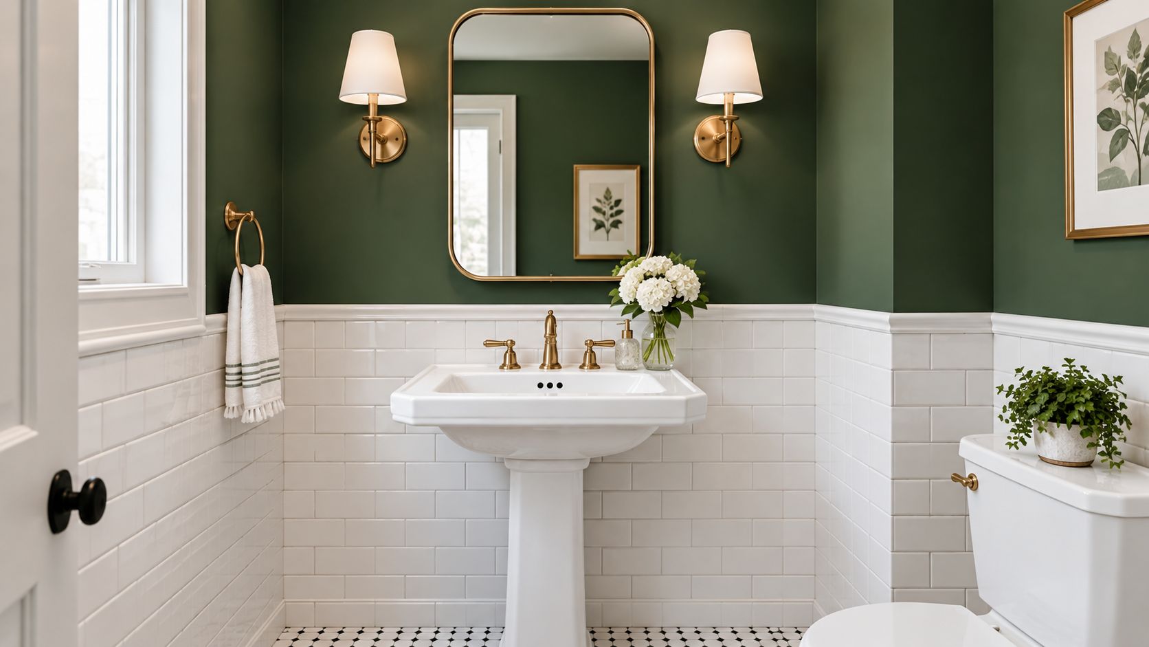 A classic bathroom featuring forest green walls, white subway tile wainscoting, gold fixtures, and a pedestal sink.