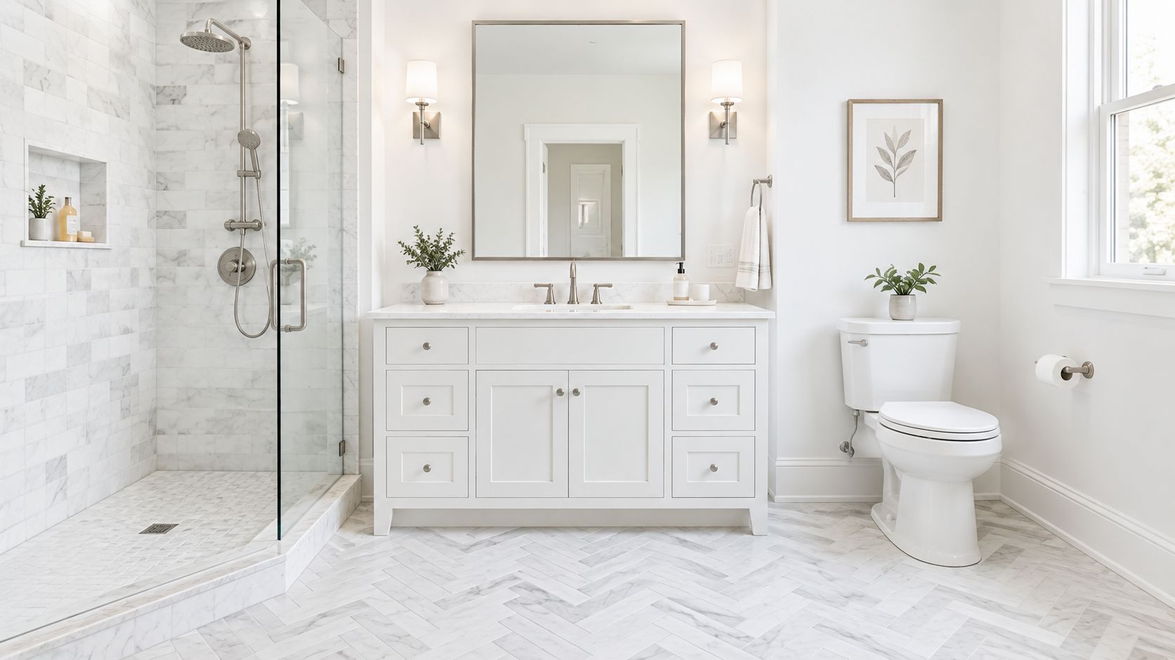 A modern, bright bathroom with white vanity, marble herringbone floor, glass shower, and a minimalist toilet setup.