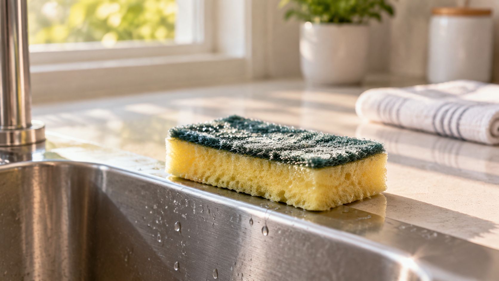 A yellow and green scrubbing sponge resting on a clean stainless steel kitchen sink countertop.