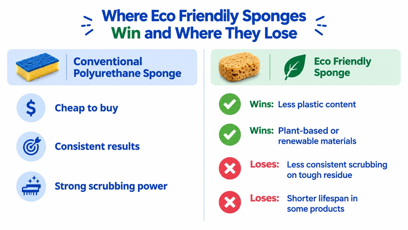 A comparison chart showing the pros and cons of conventional polyurethane sponges versus eco friendly sponges.