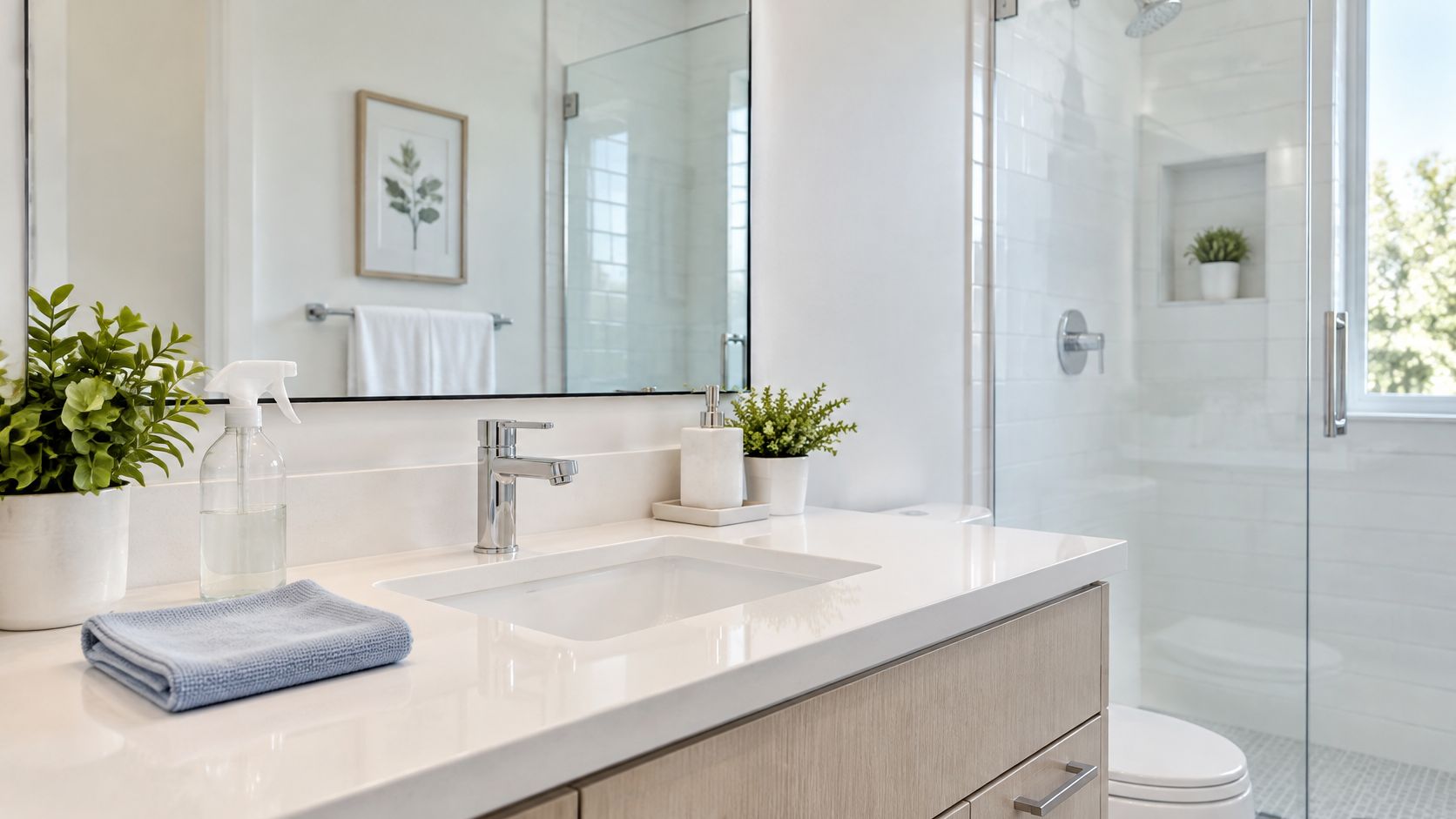 A clean modern bathroom vanity with a white countertop, chrome faucet, spray bottle, and small potted plants.