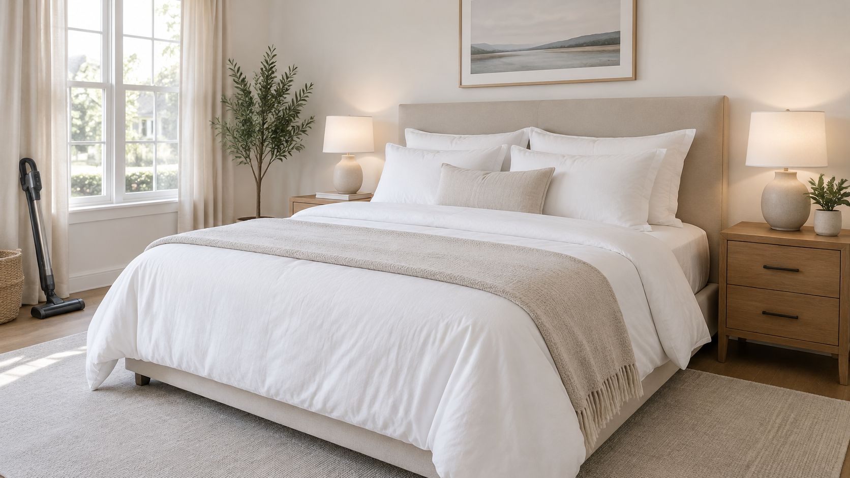 A clean, modern bedroom featuring a neatly made bed with white bedding and a beige throw blanket.
