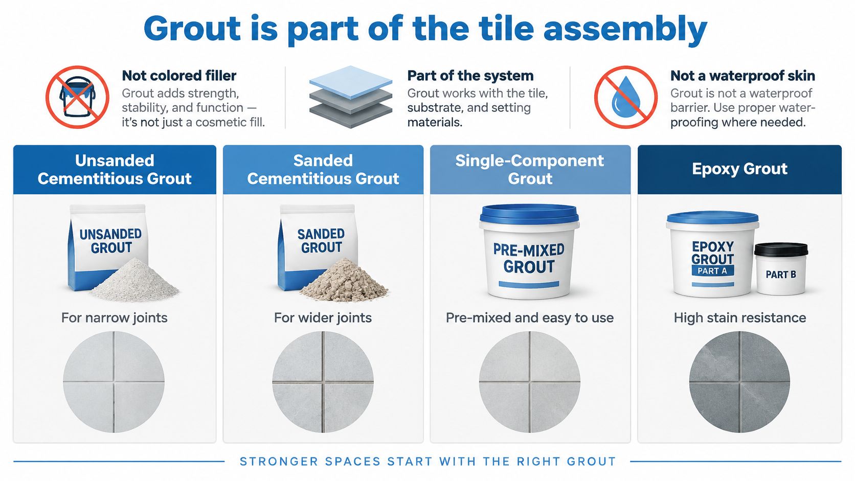 A visual guide illustrating the four types of tile grout available for different tiling installation projects.