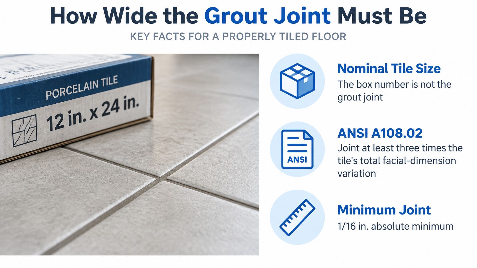 An educational infographic explaining the industry requirements for proper grout joint width during tile floor installation.