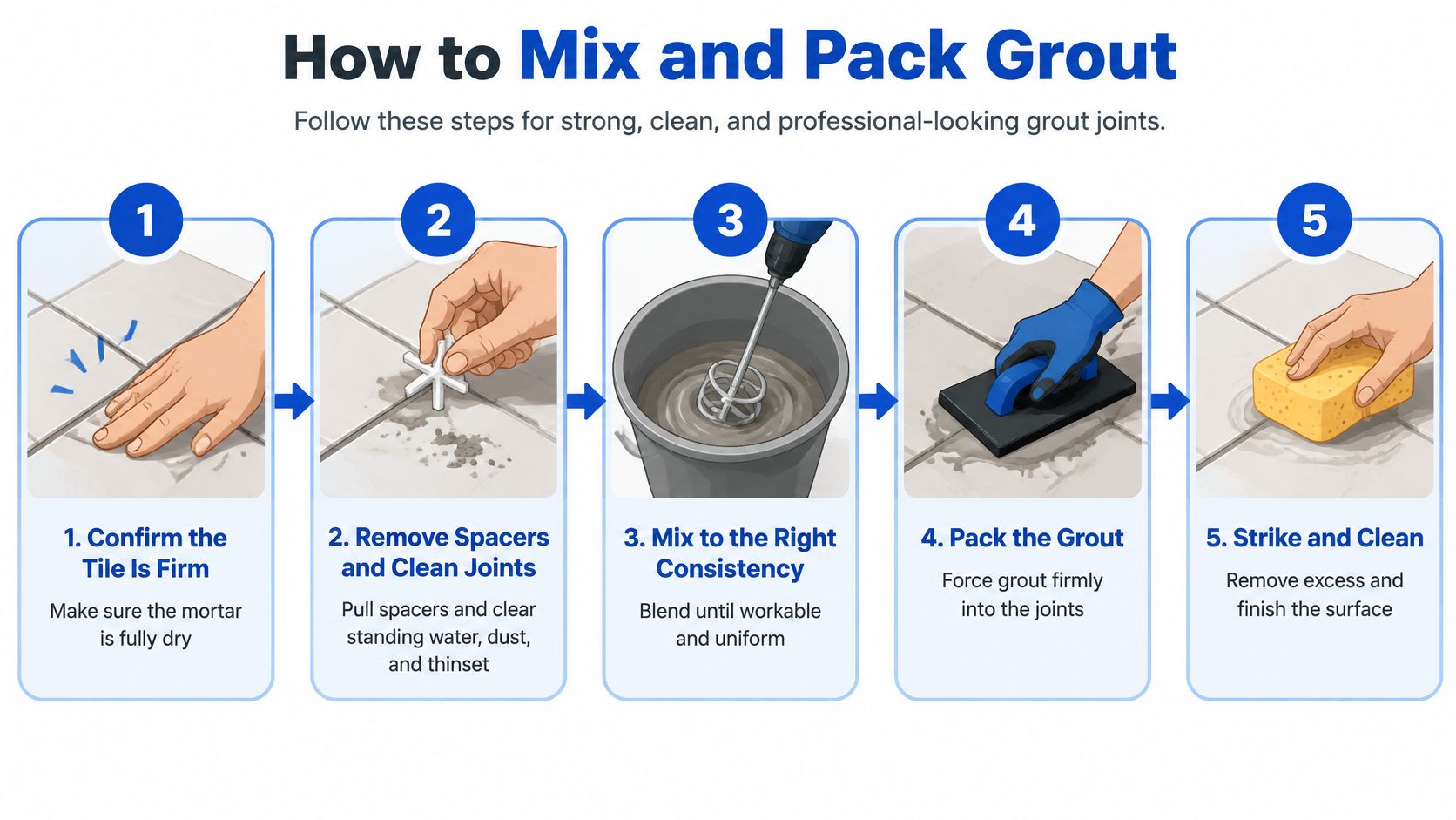 An instructional infographic demonstrating the five-step process for mixing and packing tile grout effectively.