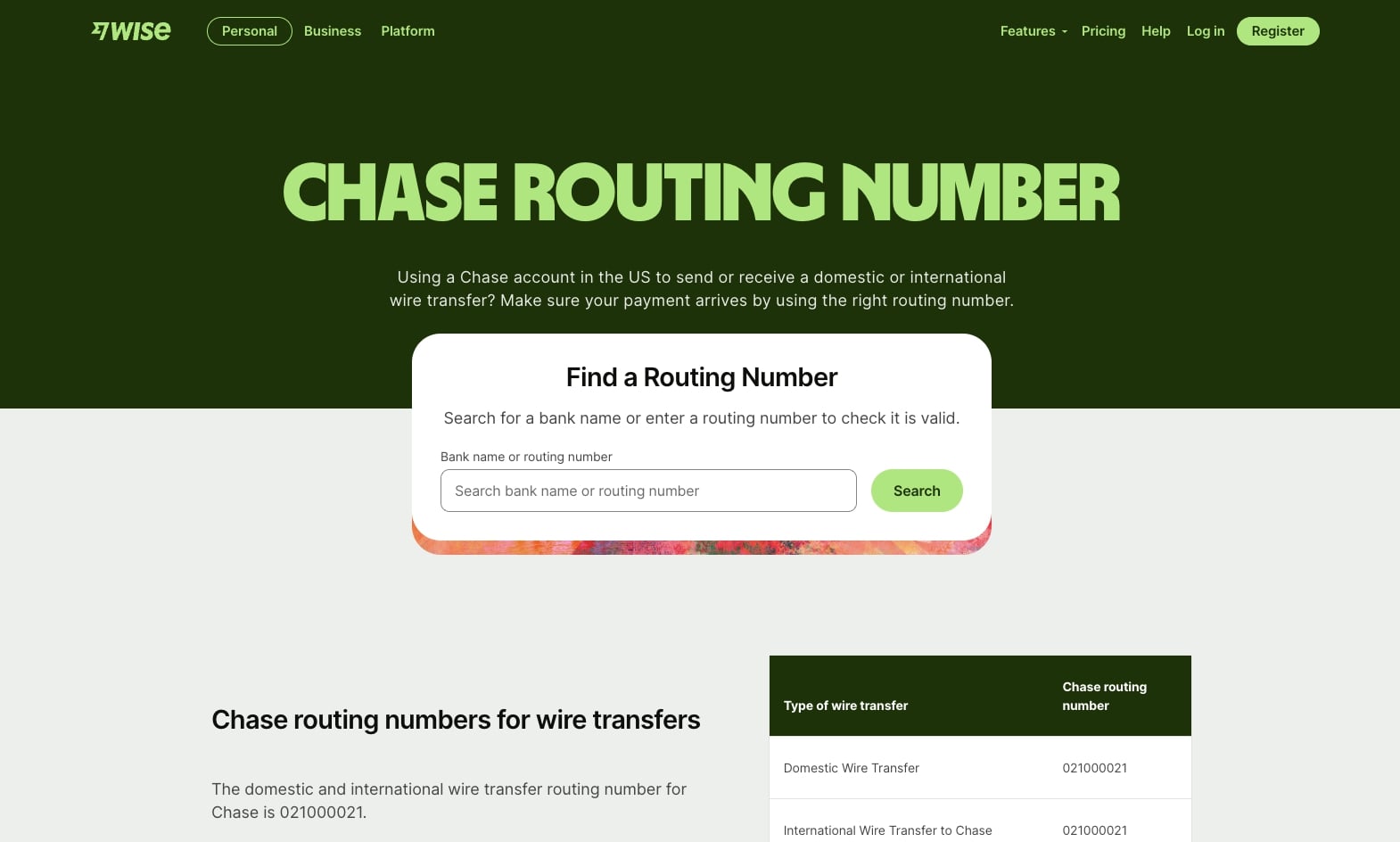 Wise routing number landing page