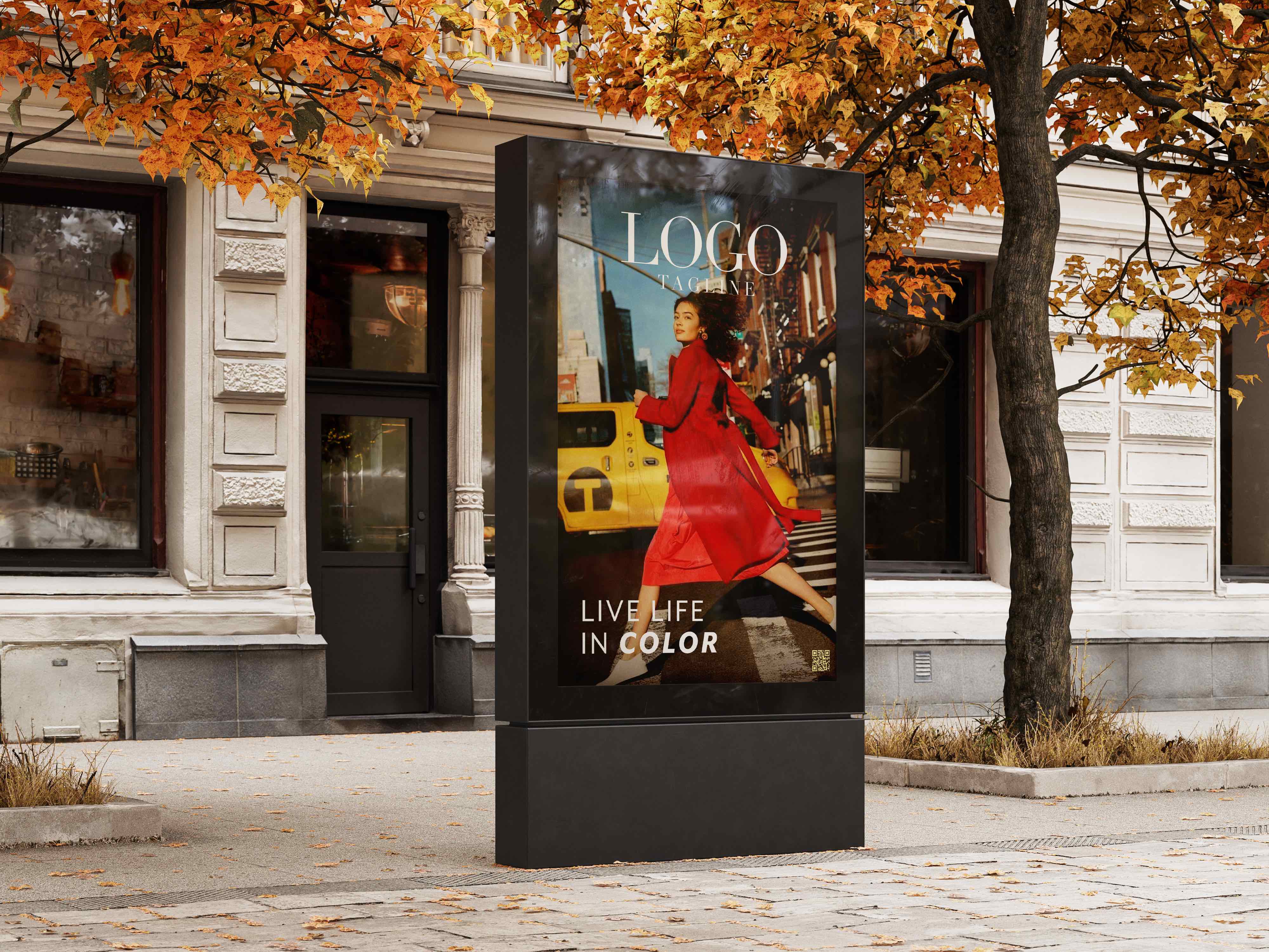 City stand style ad with woman in red coat running past taxi