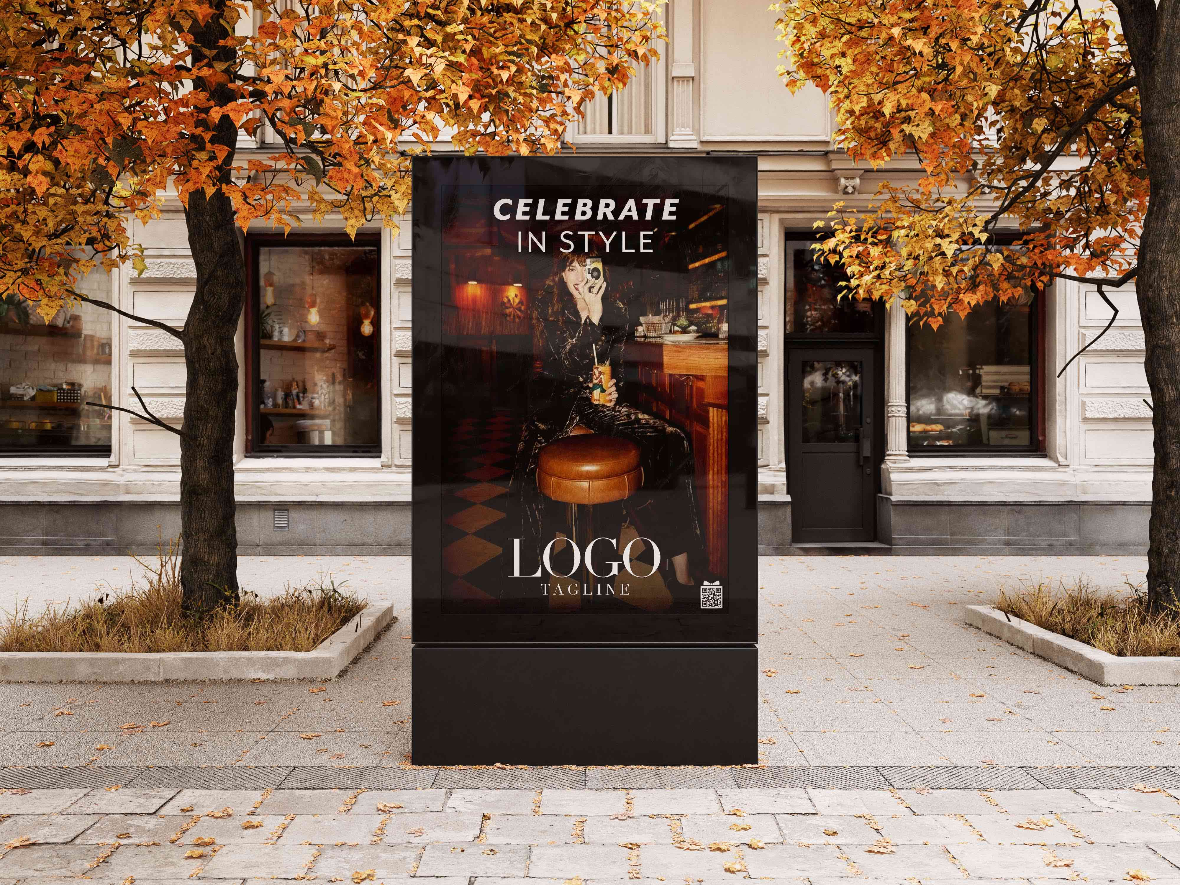 City Stand style ad with woman in sequined 2 piece suit taking a photo while sitting at a bar