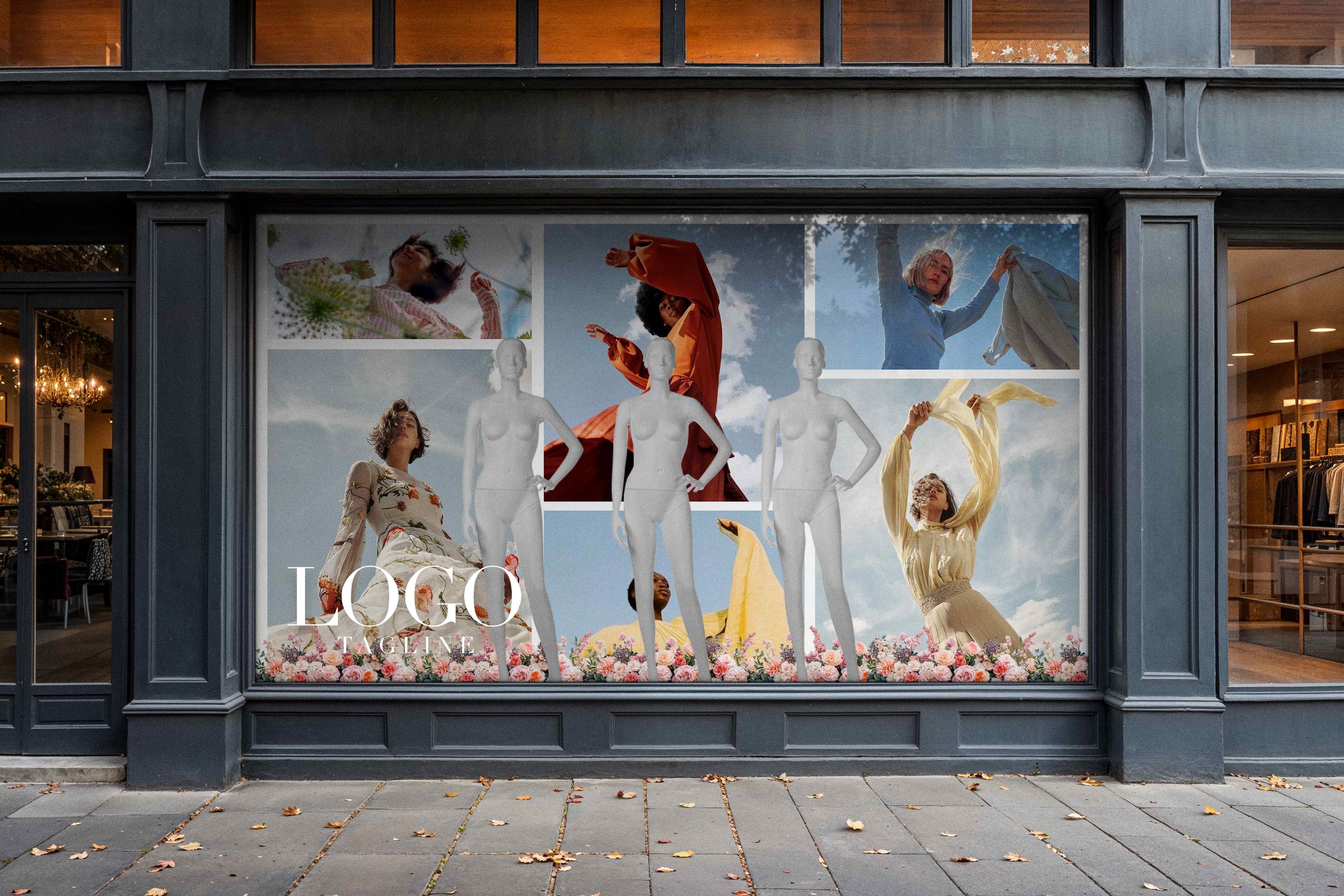 Storefront shopping window with three mannequins in front of a collage of six women in flowy dresses with the sky behind them