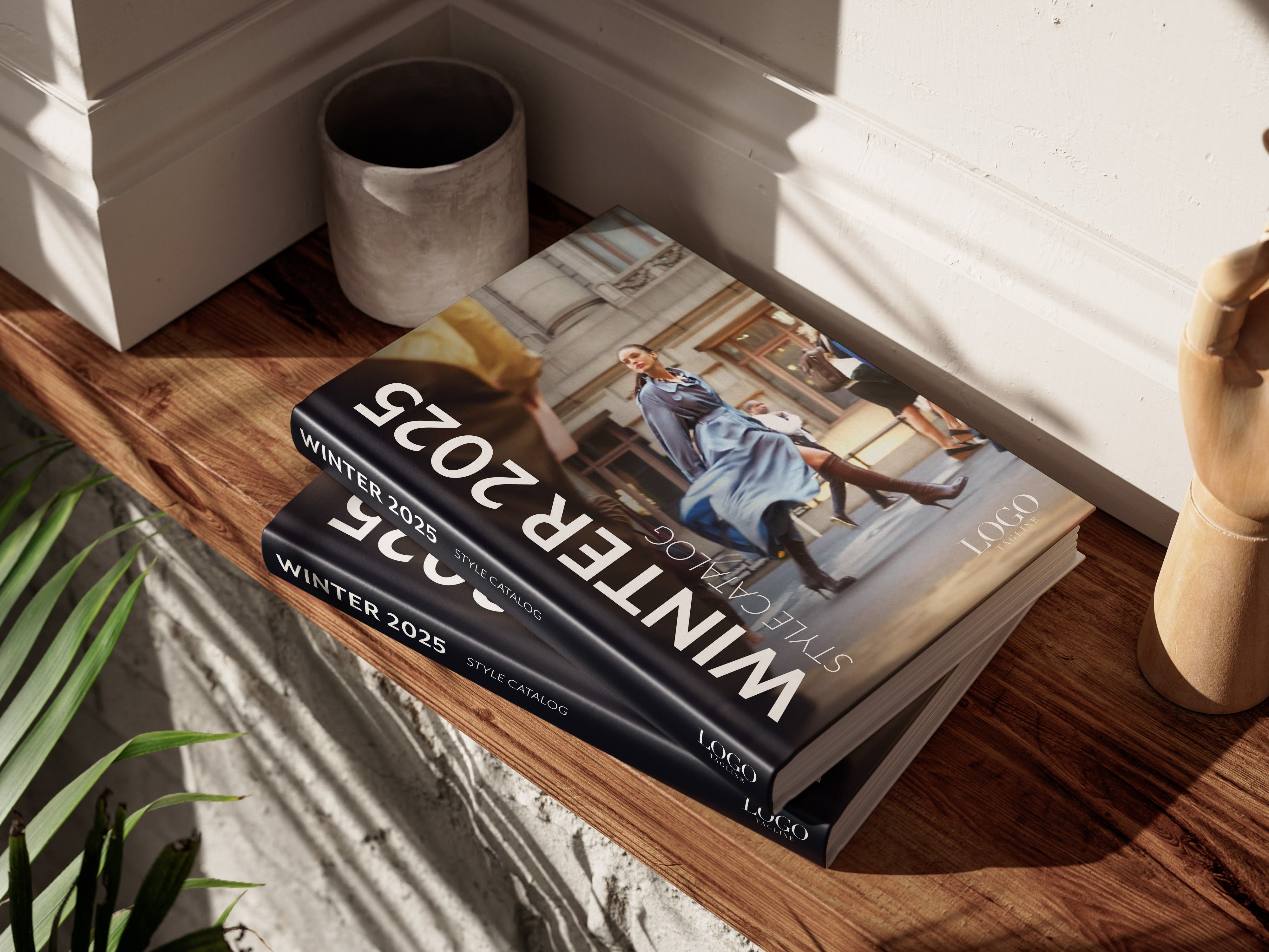 Design catalog book on a shelf with a woman in a blue coat passing a busy new york street