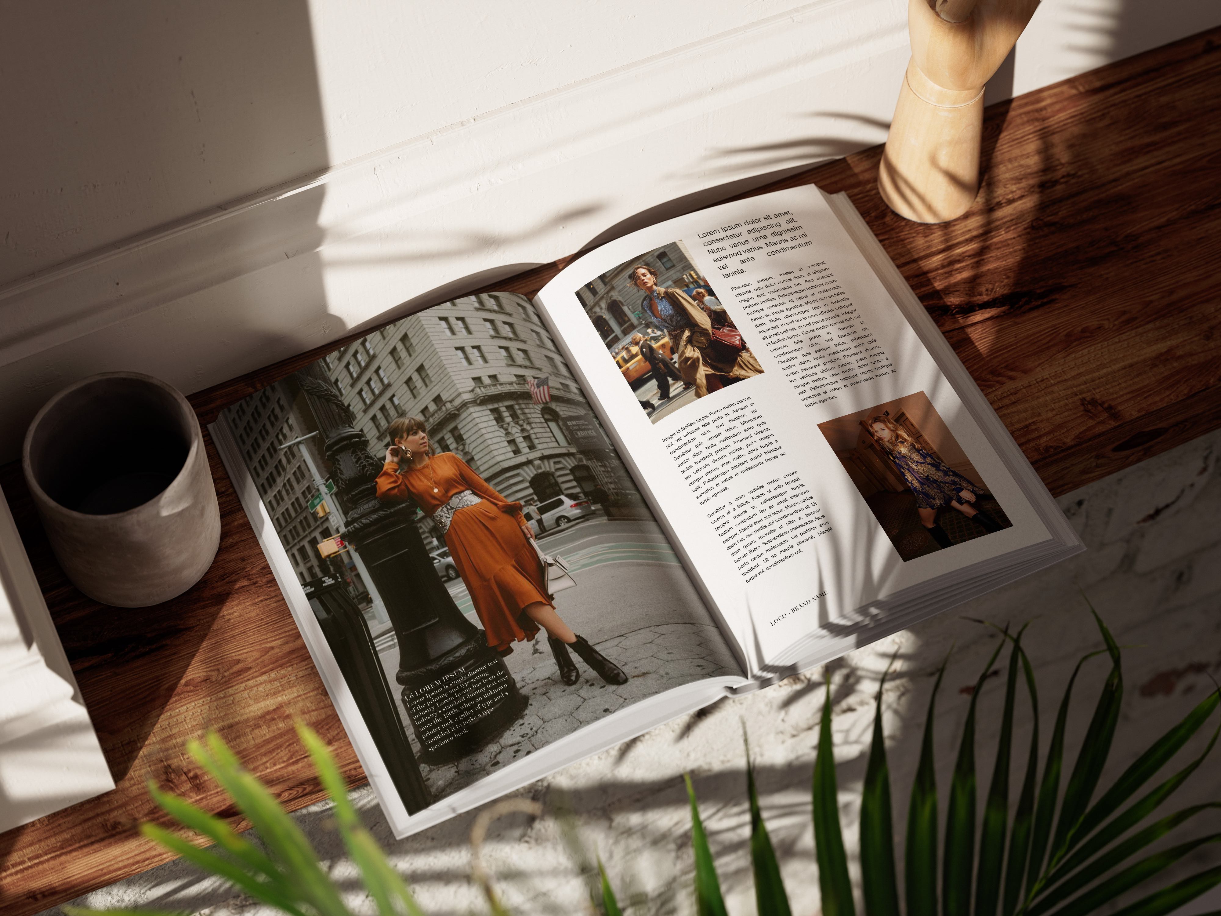 an open spread of a design catalog book with a woman in an orange dress leaning against a light pole paired with paragraphs of text and two more women in coats, one sequined