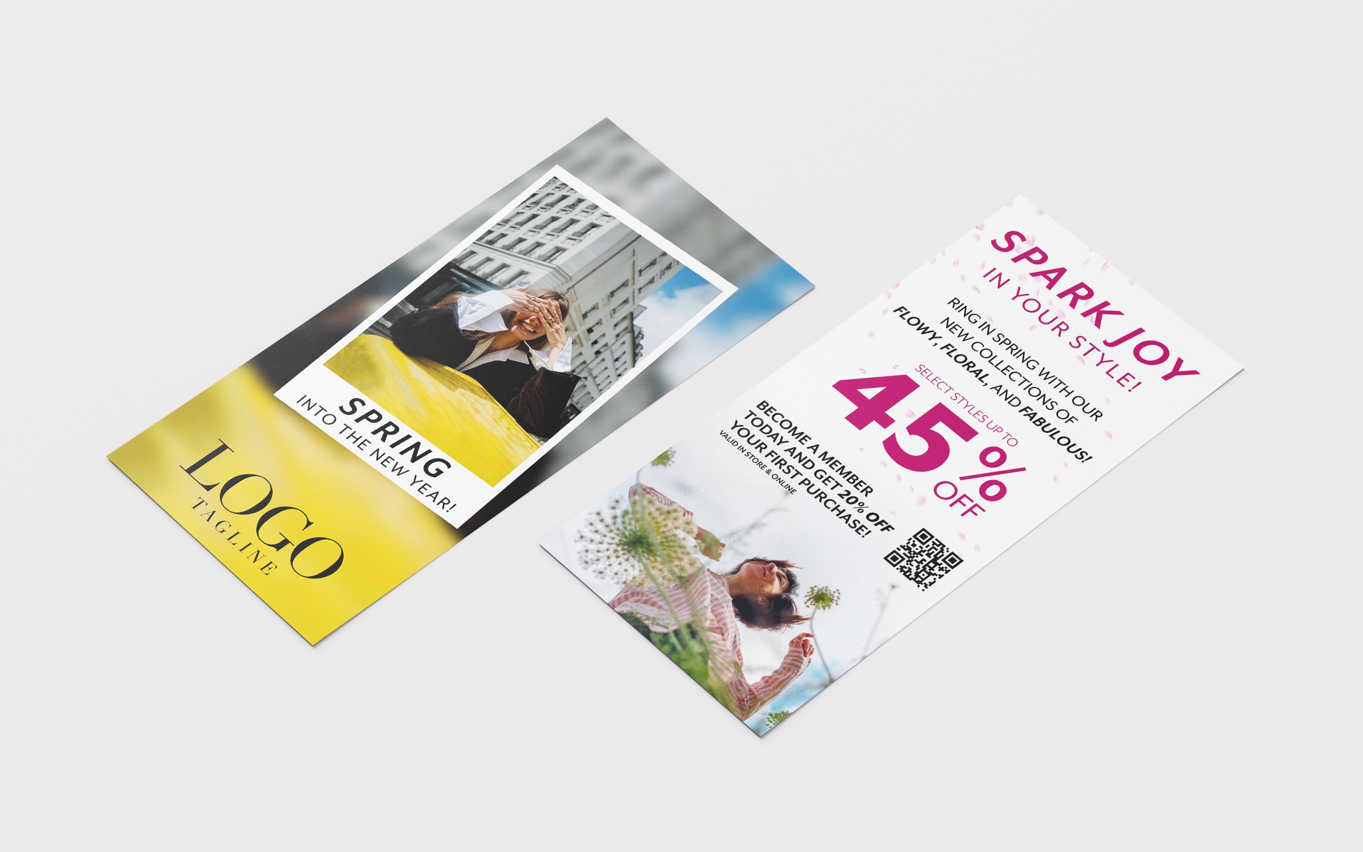 Flyer announcing the spring collection drop with a woman smiling on top of a taxi and sale information on the back