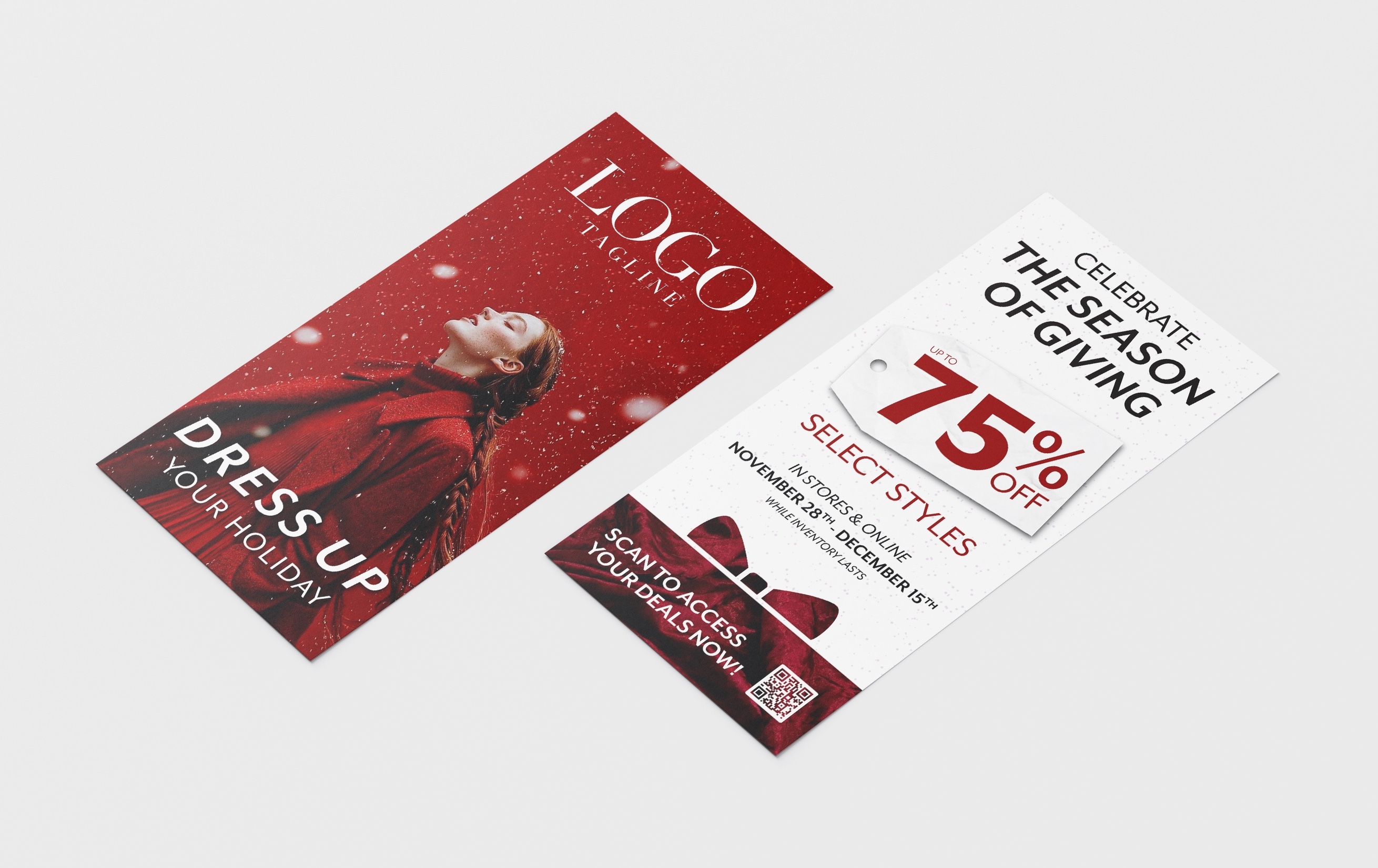 Flyer announcing holiday sale witha woman in red in front of a red back drop with snow falling with the sale announcement on the back