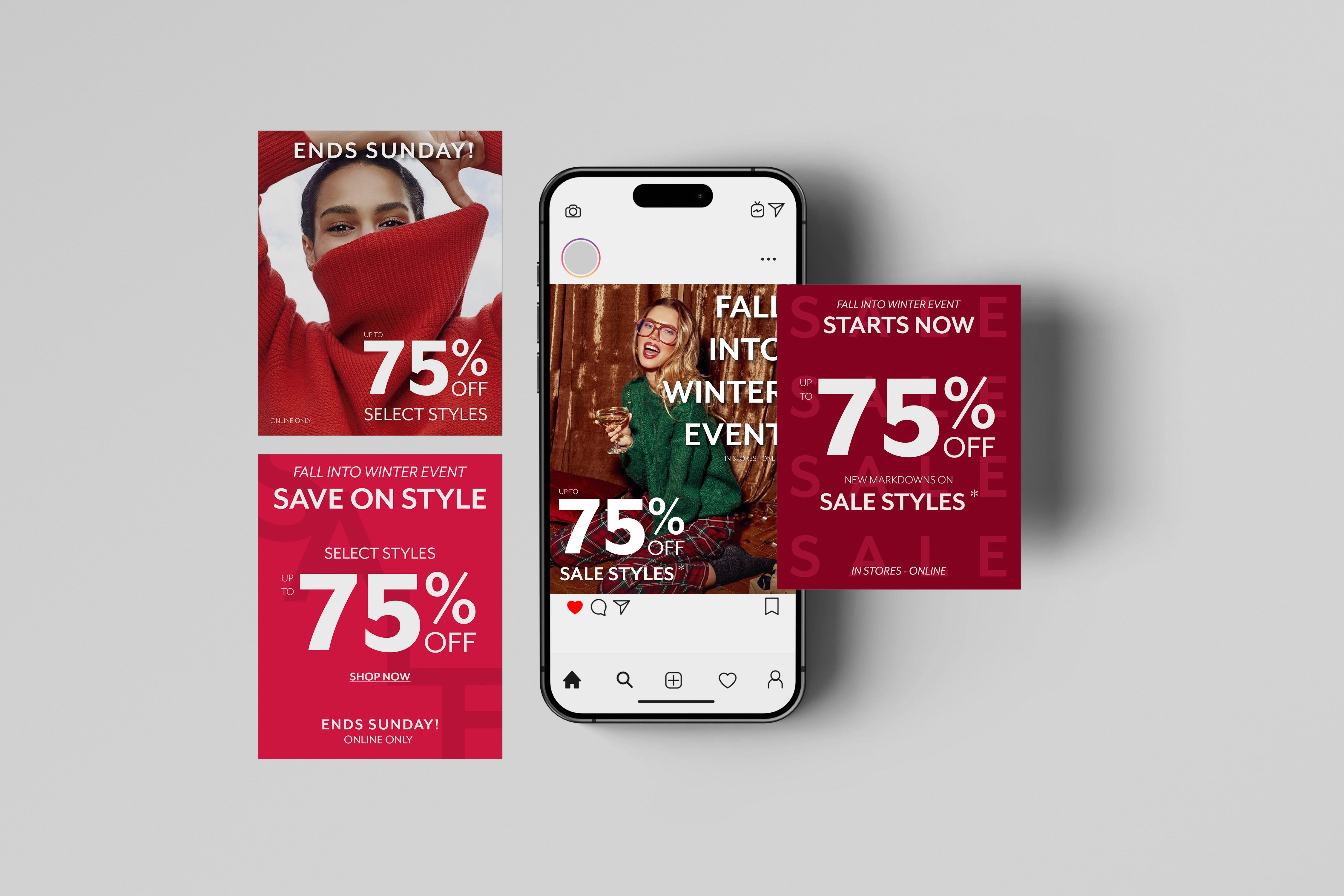 Instagram mockup with 4 alternative options, all announcing the sale promotion
