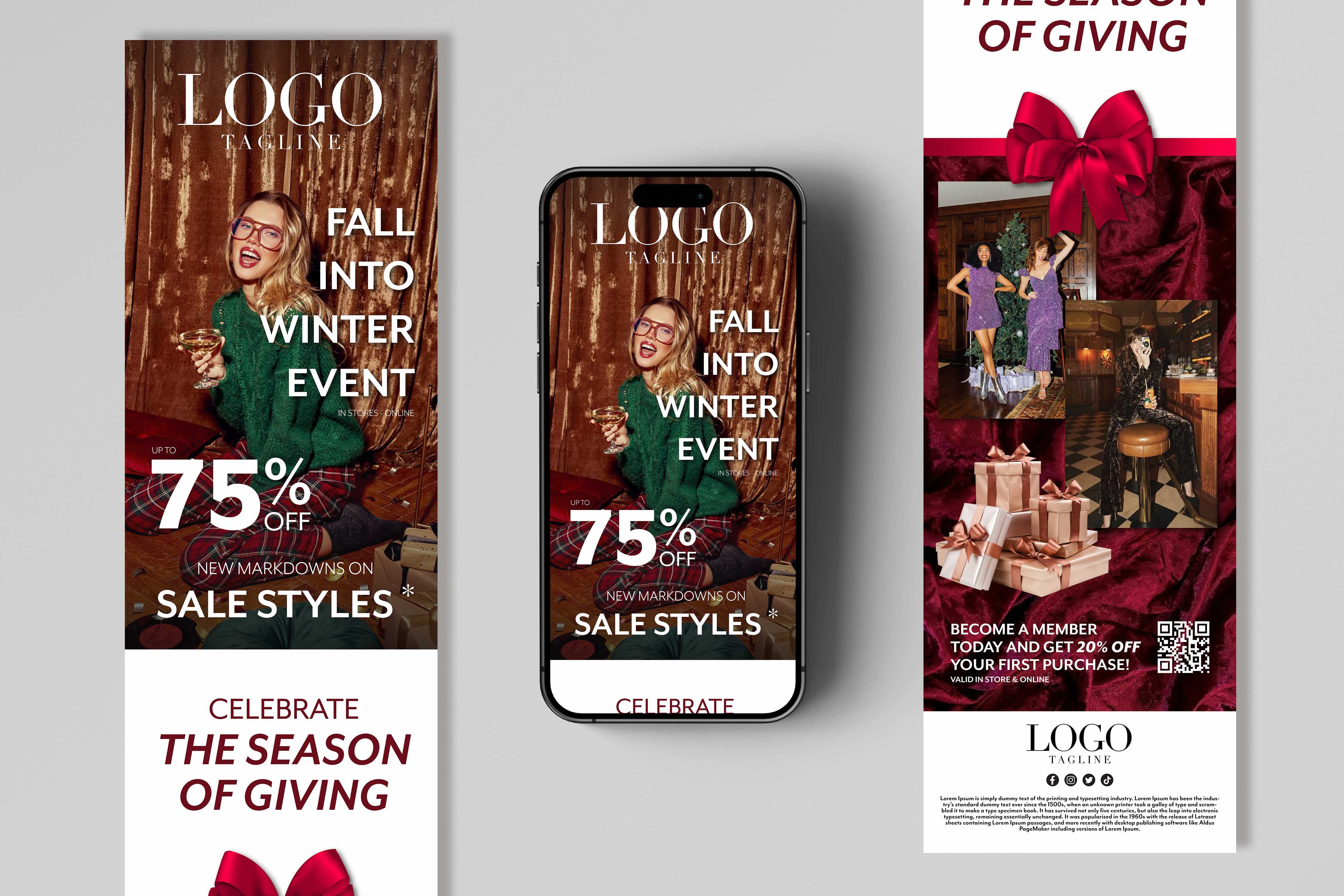 Email blast mockup on a phone with the full design split on the left and right of the phone announcing the sale promotion and membership signup