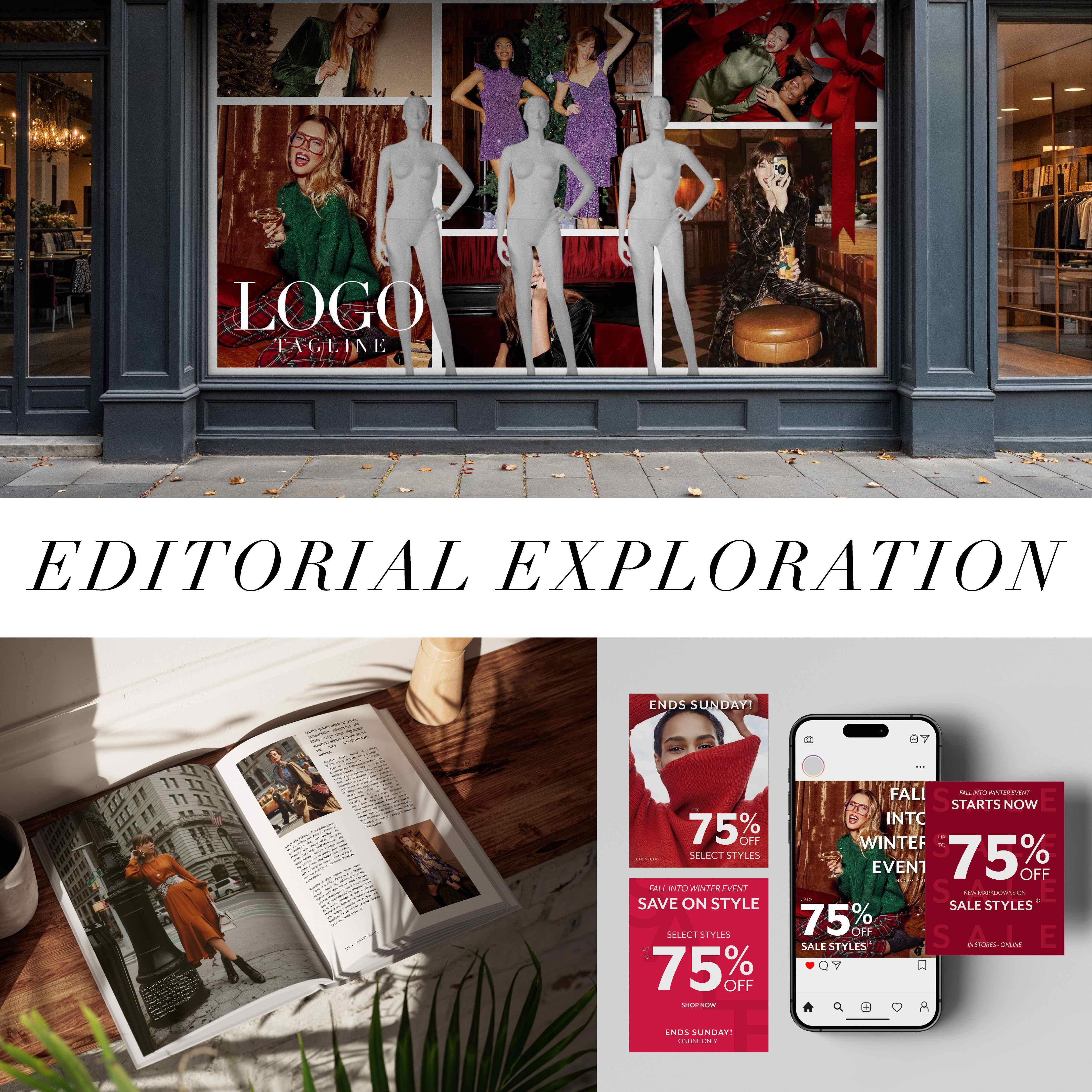 Collage of storefront window, instagram mockup with sale promos, and design style-brief book spread