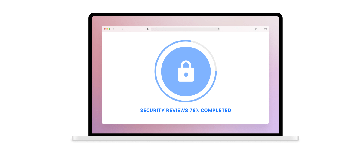 Laptop screen showing progress circle with lock icon and text reading ‘Security Reviews 78% Completed,’ symbolizing cybersecurity tracking.