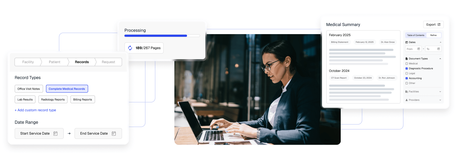 ChartSwap Insights platform interface showing medical record retrieval, processing progress, and AI-generated medical summary.