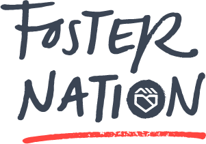 Foster Nation logo with stylized text and an icon of two hands shaking inside the letter O.