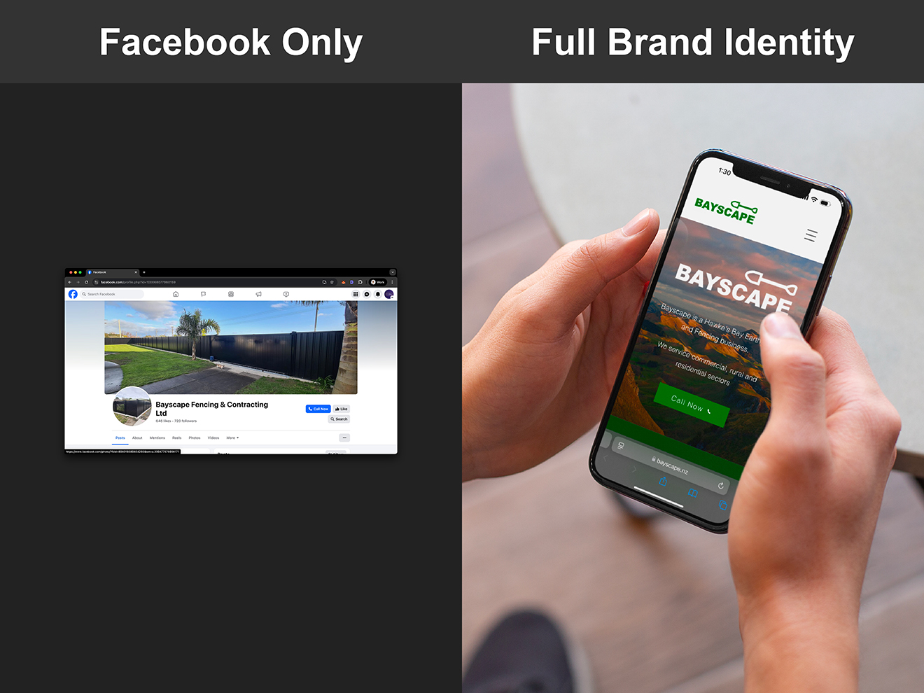 Bayscape - Before & After
Before image of the Bayscape facebook page.
After image of the professional website on an iPhone
