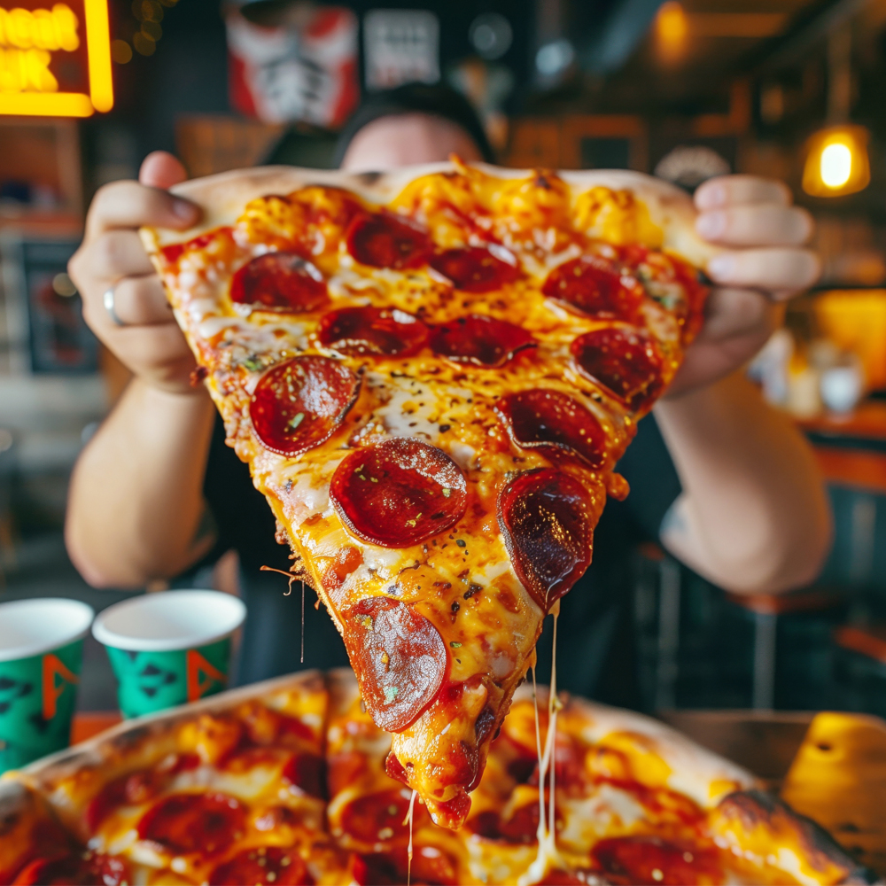 Person holding a large slice of pepperoni pizza with melted cheese stretching from the slice to the rest of the pizza on the table.