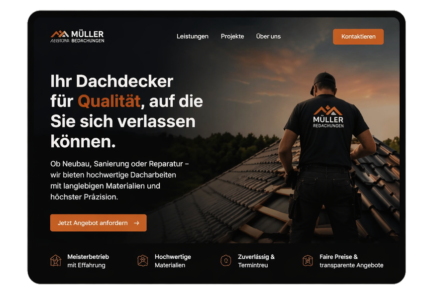 Website-Startseite von Müller Bedachungen mit einem Dachdecker, der auf einem Dach arbeitet, Text über Qualität, Service und Kontaktmöglichkeiten.