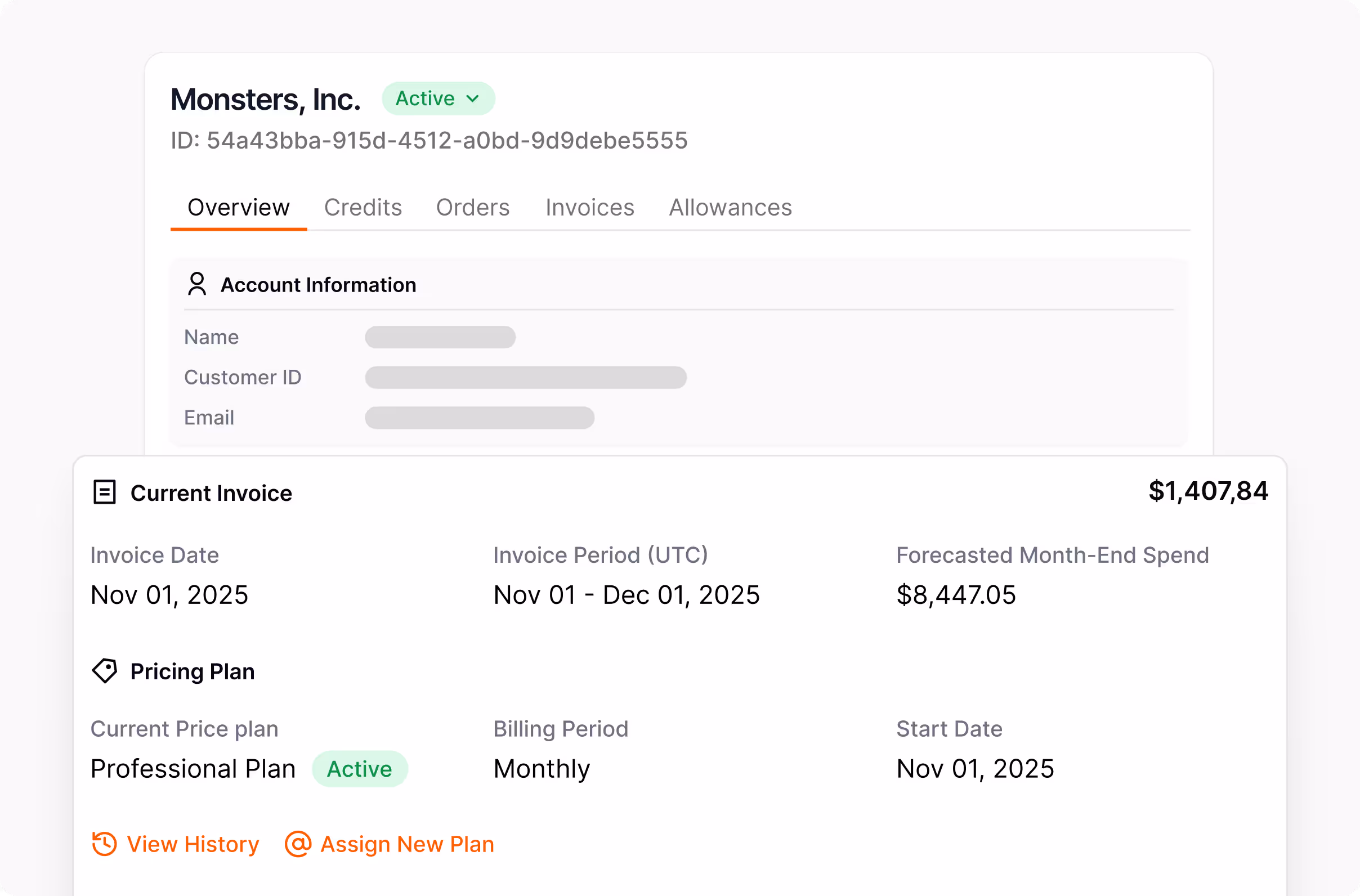 Monsters, Inc. account overview showing active status, invoice date Nov 01, 2025, current invoice amount $1,407.84, forecasted month-end spend $8,447.05, and active Professional Plan with monthly billing starting Nov 01, 2025.
