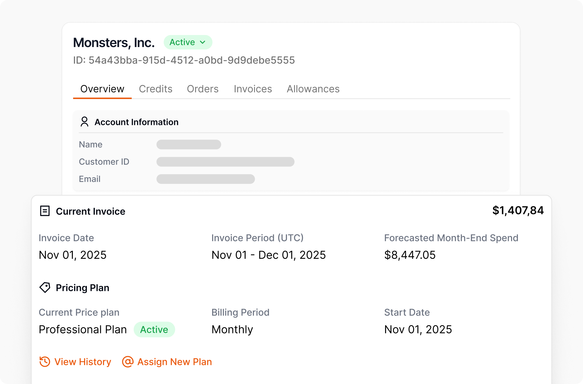 Monsters, Inc. account overview showing active status, invoice date Nov 01, 2025, current invoice amount $1,407.84, forecasted month-end spend $8,447.05, and active Professional Plan with monthly billing starting Nov 01, 2025.