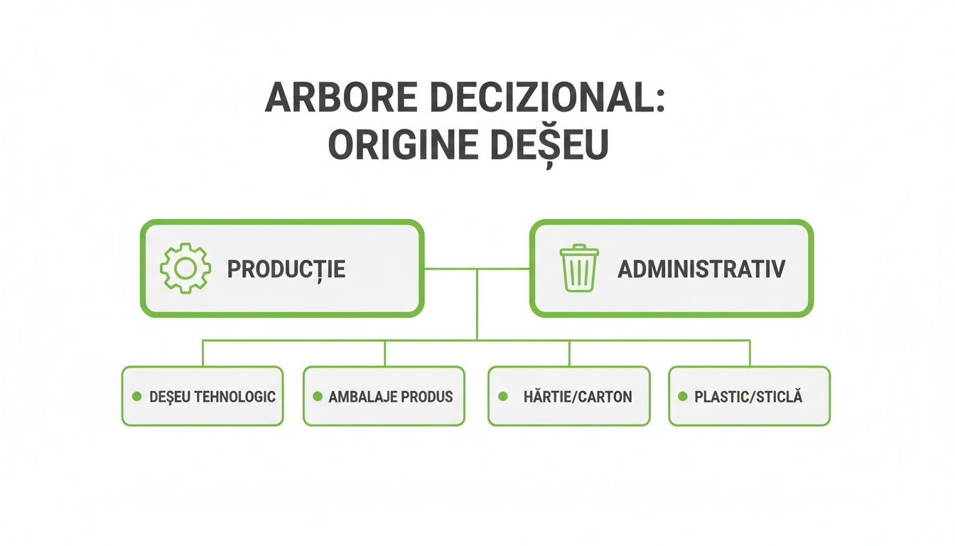 Arbore decizional care clasifică originea deșeurilor în producție și administrativ, cu exemple specifice.