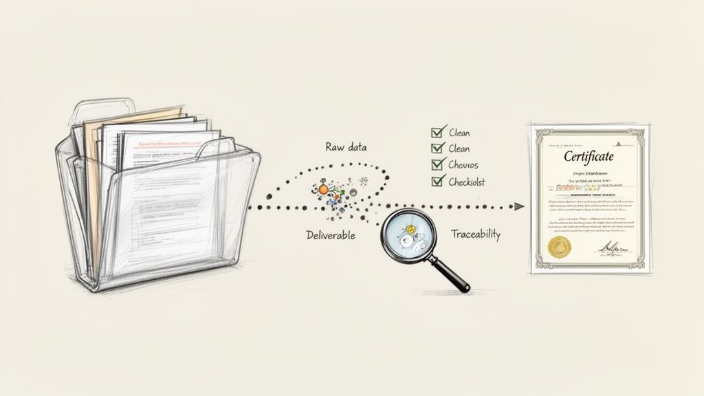 Diagram showing data flow from raw documents to a certified certificate, highlighting processing, quality checks, and traceability.
