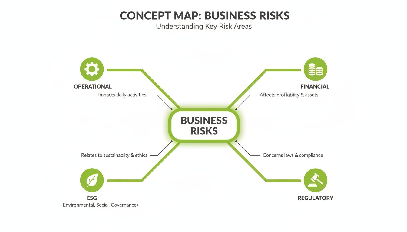 Concept map showing four key business risk areas: operational, financial,regulatory, and ESG.