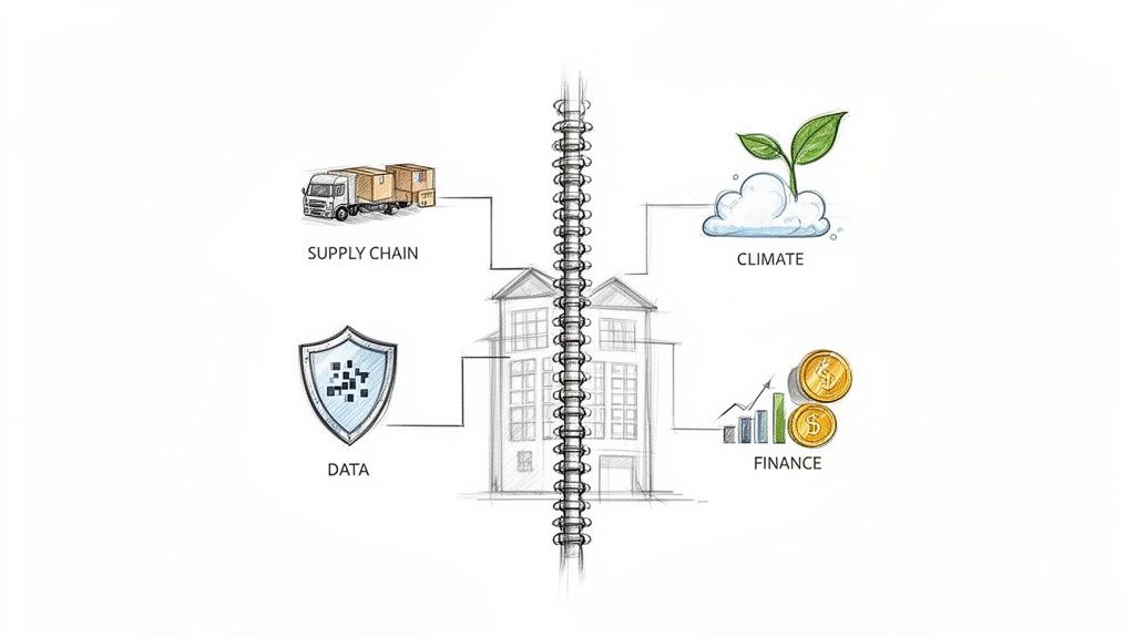 Illustration linking a building to critical business elements: supply chain, data, climate, and finance.